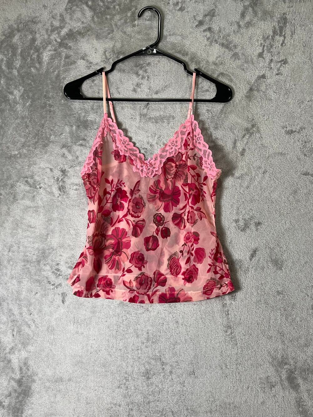 Vintage Y2K Romantic Coquette Fairycore Floral Lace Trim V-Neck Camisole Tank S